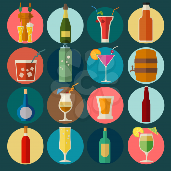 Alcohol drinks icons. 16 flat icons set. Vector illustration
