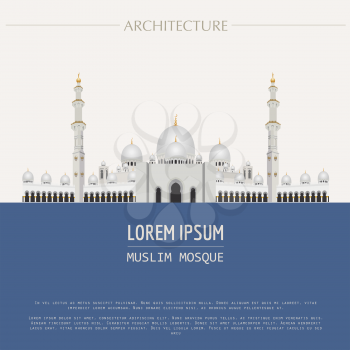 Cityscape graphic template. Modern city architecture. Vector illustration of Muslim Mosque. City constructor. Template with place for text. Colour version