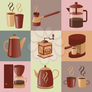 Equipment for making coffee, icons set. Vector illustration