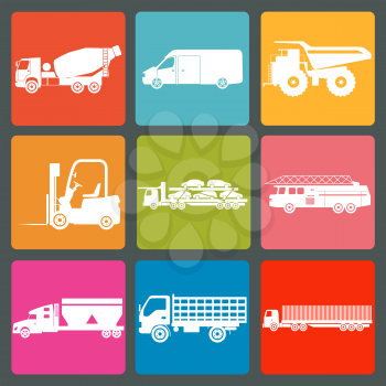 Set of nine icons of trucks. Vector illustration