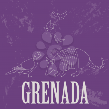 Grenada national symbols. Antillean Armadillo, Grenadian pigeon, dove. Retro styled image. Vector illustration