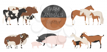 Farm animall family collection. Cattle, sheep, pig, horse, goat icon set. Flat design. Vector illustration