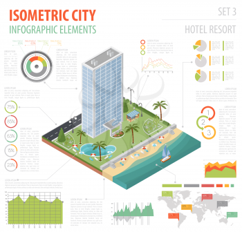 Flat 3d isometric resort hotel  and city map constructor elements such as building, beach, swimming pool, garden, bar, nature isolated on white. Build your own infographics collection. Vector illustra