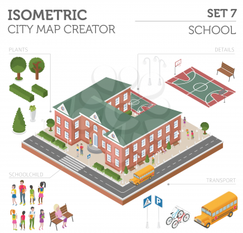 Flat 3d isometric school and city map constructor elements such as building, schoolcild, bus isolated on white. Build your own infographic collection. Vector illustration