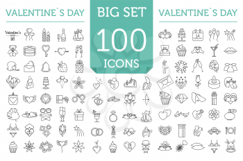 Valentine`s day icon set. Romantic design elements isolated on white. Thin line version. Vector illustration