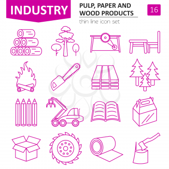 Pulp, paper and wood products icon set. Thin line design isolated on white. Create your industrial infographics collection. Vector illustration