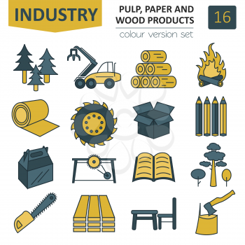 Pulp, paper and wood products icon set. Thin line design isolated on white. Create your industrial infographics collection. Vector illustration