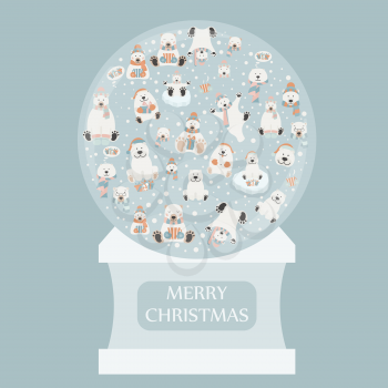 Cute polar bear sticker set. Snow globe design. Elements for christmas holiday greeting card, poster. Vector illustration