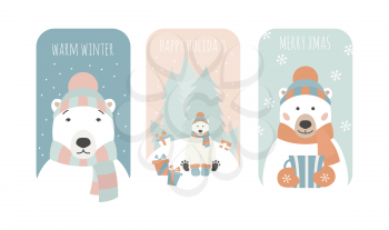 Cute polar bear. Christmas holiday greeting card, poster design. Vector illustration