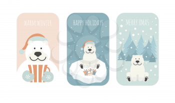 Cute polar bear. Christmas holiday greeting card, poster design. Vector illustration