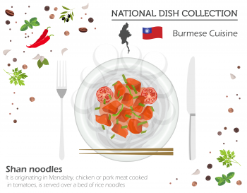 Burmese Cuisine. Asian national dish collection. Shan noodles isolated on white, infograpic. Vector illustration