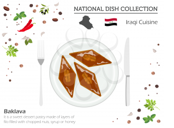 Iraqi Cuisine. Middle East national dish collection.  Baklava isolated on white, infograpic. Vector illustration
