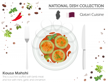 Qatari Cuisine. Middle East national dish collection.  Kousa Mahshi isolated on white, infograpic. Vector illustration
