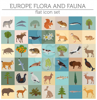 Flat European flora and fauna map constructor elements. Animals, birds and sea life isolated on white big set. Build your own geography infographics collection. Vector illustration