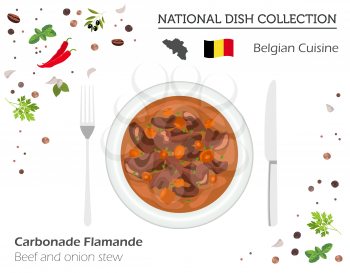 Belgian Cuisine. European national dish collection. Beef and onion stew isolated on white infographic. Vector illustration