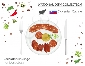 Slovenian Cuisine. European national dish collection. Carniolan sausage isolated on white, infographic. Vector illustration