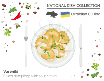 Ukrainian dumplings with sour cream. European national dish collection isolated on white, infographic. Vector illustration