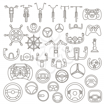 Equipment for transport driving set. Helmet, rudder, steering wheels thin line icons. Vector illustration