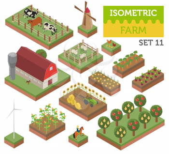 Flat 3d isometric farm land and city map constructor elements isolated on white. Build your own infographic collection. Vector illustration