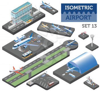 3d isometric airport and city map constructor elements isolated on white. Build your own infographic collection. Vector illustration