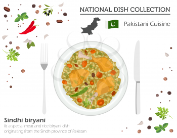 Pakistani Cuisine. Asian national dish collection. Meat and rice isolated on white, infograpic. Vector illustration