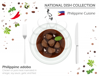 Philippine Cuisine. Asian national dish collection. Adobo  isolated on white, infograpic. Vector illustration
