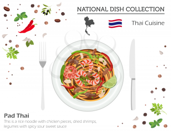 Thai Cuisine. Asian national dish collection. Pad thai  isolated on white, infograpic. Vector illustration
