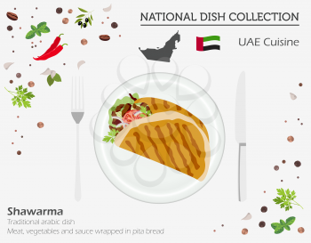 UAE Cuisine. Middle East national dish collection.  Shawarma isolated on white, infograpic. Vector illustration
