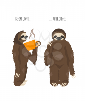 The story of one sloth. Morning cofee. Funny cartoon sloths in different postures set. Vector illustration