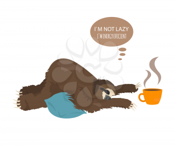 The story of one sloth. Morning cofee. Funny cartoon sloths in different postures set. Vector illustration