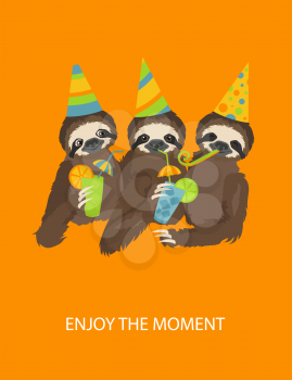 The story of one sloth. At the party with friends. Funny cartoon sloths in different postures set. Vector illustration