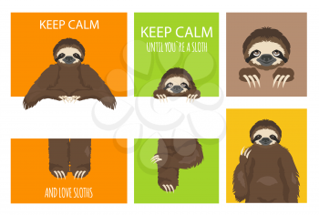 Sloth greeting collection with place for text. Funny cartoon animals in different postures set. Vector illustration