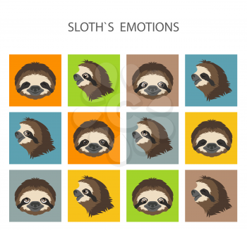 Sloth face emotions collection. Funny cartoon animals. Vector illustration