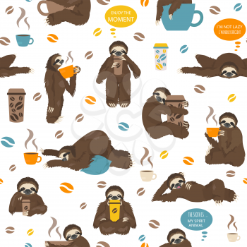 Sloths drink coffee seamless pattern. Funny cartoon animals in different postures set. Vector illustration