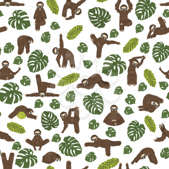 Sloth yoga seamless pattern. Funny cartoon animals in different postures set. Vector illustration