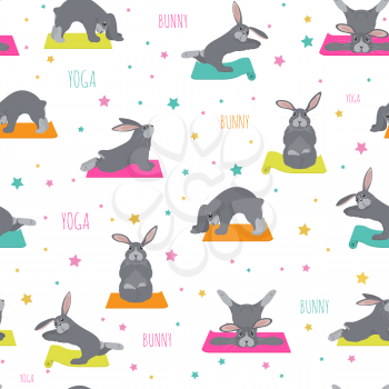 Bunny yoga poses and exercises. Cute cartoon seamless pattern design. Vector illustration