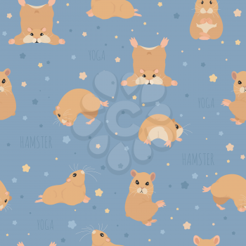 Hamsters yoga poses and exercises. Cute cartoon seamless pattern. Vector illustration
