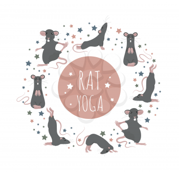 Rat yoga poses and exercises. Cute cartoon clipart set. Vector illustration