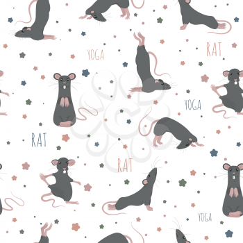 Rat yoga poses and exercises. Cute cartoon seamless pattern. Vector illustration