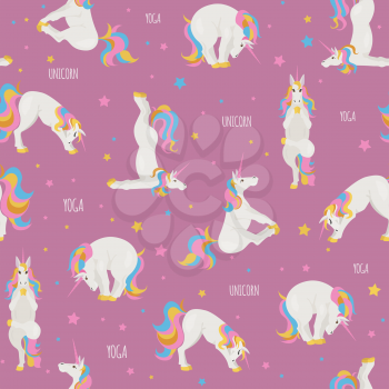 White unicorn yoga poses and exercises. Cute cartoon seamless pattern. Vector illustration