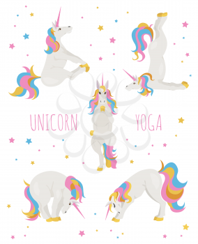 White unicorn yoga poses and exercises. Cute cartoon clipart set. Vector illustration