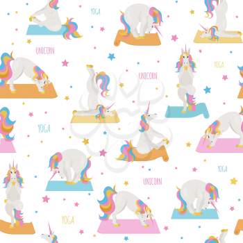 White unicorn yoga poses and exercises. Cute cartoon seamless pattern. Vector illustration