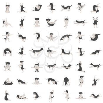Yoga dogs poses and exercises doing clipart. Funny cartoon poster seamless pattern design. Vector illustration