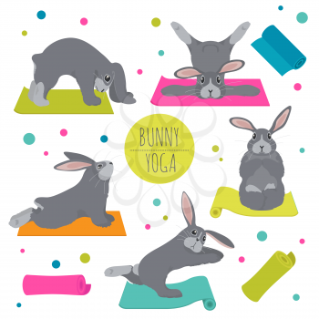 Bunny yoga poses and exercises. Cute cartoon clipart set. Vector illustration