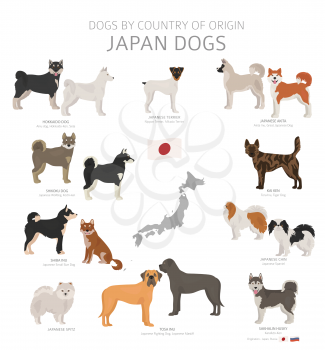 Dogs by country of origin. Japanese dog breeds. Shepherds, hunting, herding, toy, working and service dogs  set.  Vector illustration