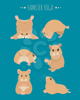 Hamsters yoga poses and exercises. Cute cartoon clipart set. Vector illustration