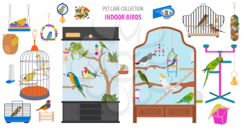 Pet appliance icon set flat style isolated on white. Birds care collection. Create own infographic about parrot, parakeet, canary, thrush, finch, jay bird, starling, amadina, siskin,  toucan, bunting. Vector illustration