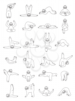 Sloth yoga collection. Funny cartoon animals in different postures set. Thin line design. Vector illustration