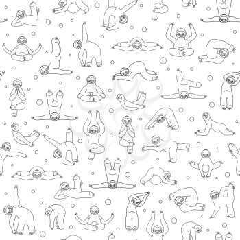 Sloth yoga seamless pattern. Funny cartoon animals in different postures set. Thin line design. Vector illustration