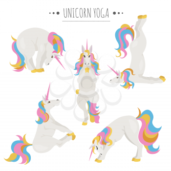 White unicorn yoga poses and exercises. Cute cartoon clipart set. Vector illustration